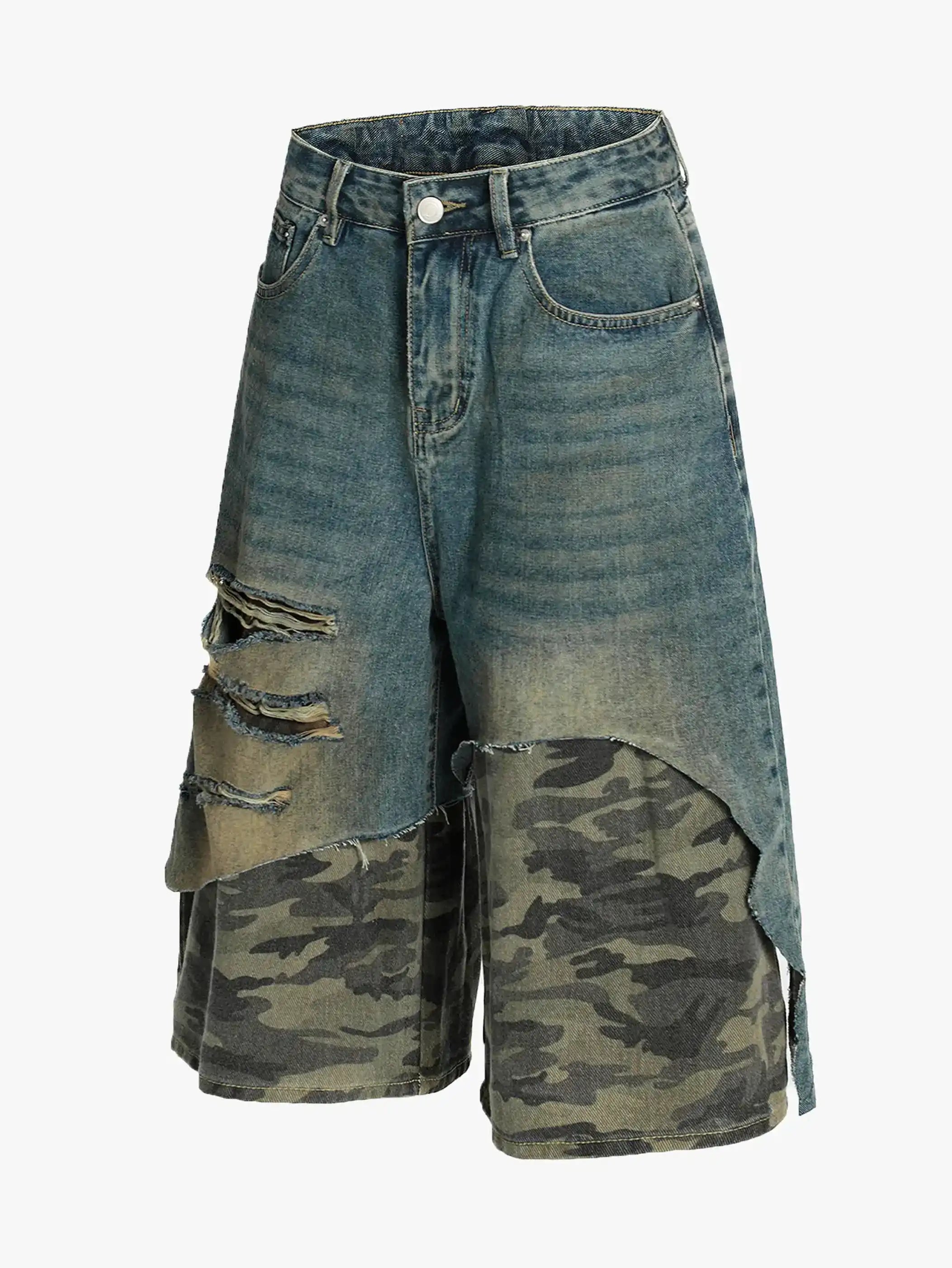 Street Camo Patchwork Denim Shorts-S1069