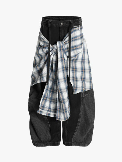 Plaid Shirt Layered Skirt Style Denim Pants-S1021