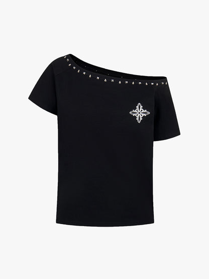 Studded Neckline Asymmetrical Top-S1030
