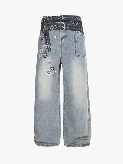 Y2K Studded Patchwork Wide Leg Denim Pants-S1003