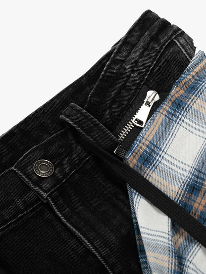 Plaid Shirt Layered Skirt Style Denim Pants-S1021