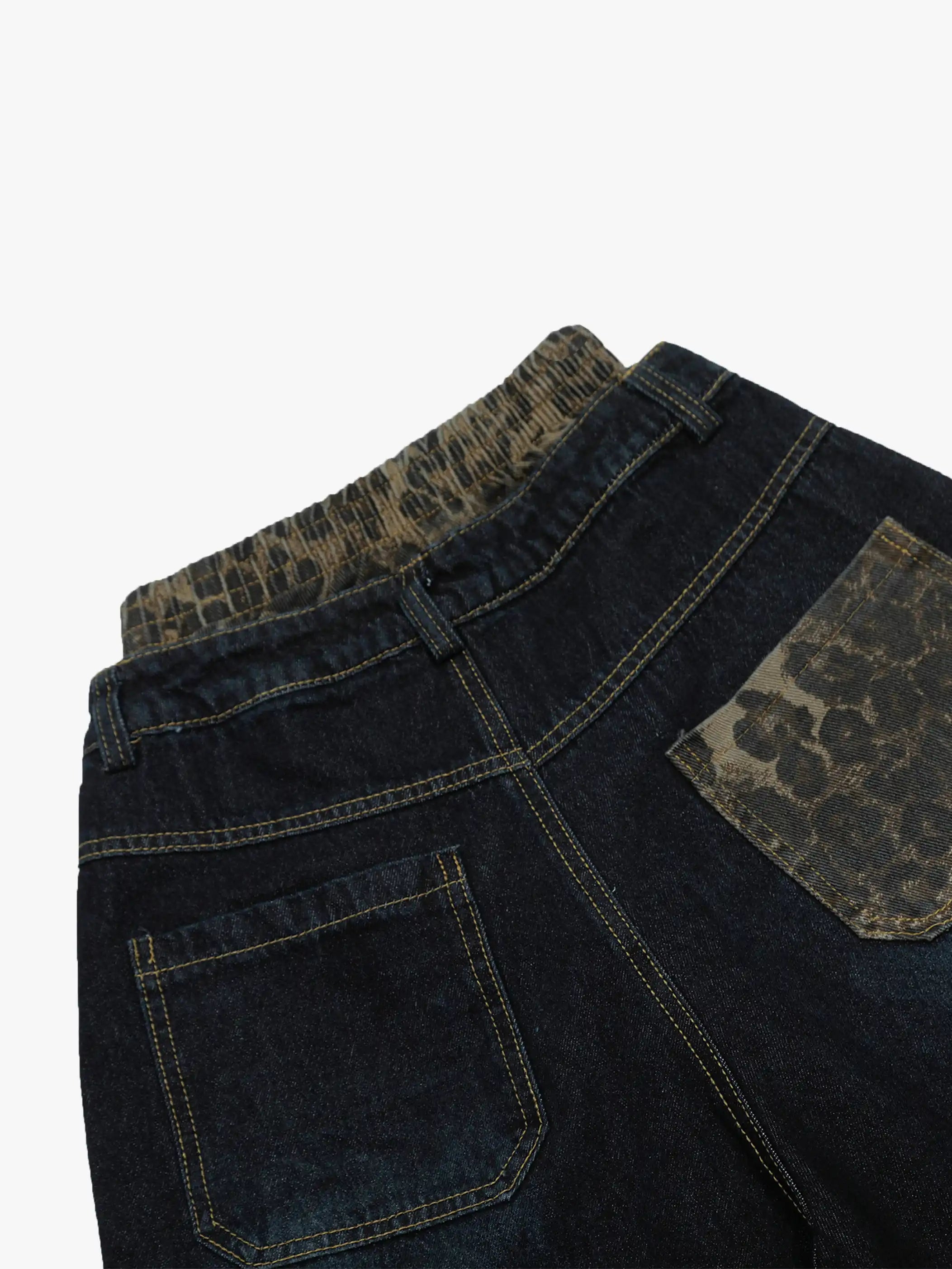 Wide Leg Denim Shorts with Leopard Patchwork-S1039