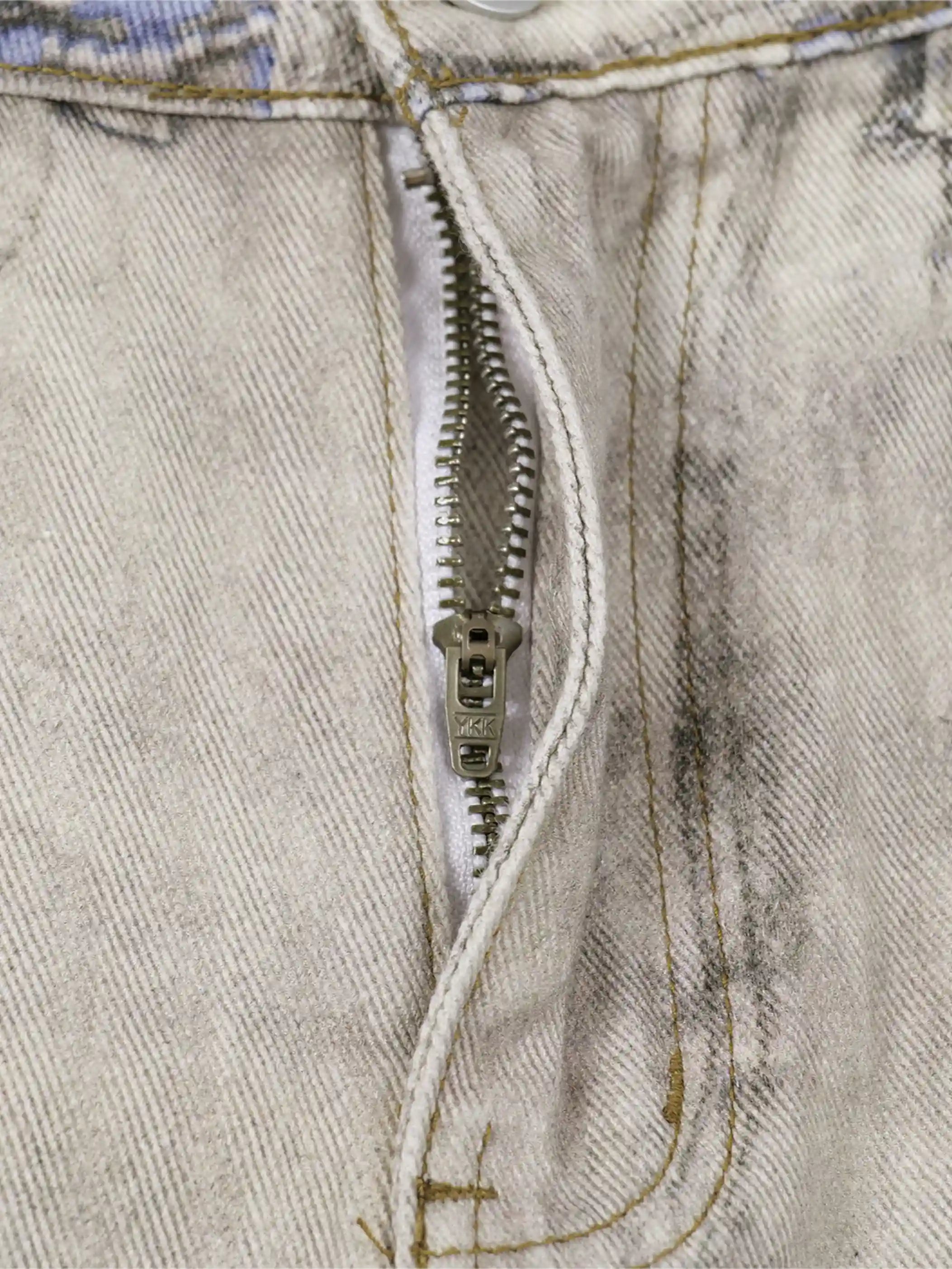 Beige Wide Leg Vintage Printed Jeans-S1026