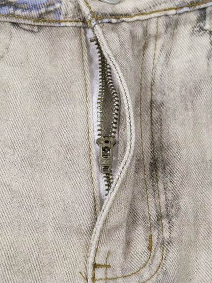 Beige Wide Leg Vintage Printed Jeans-S1026