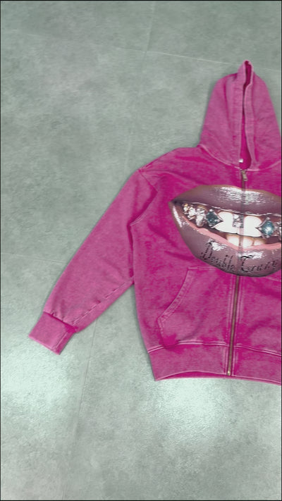 Bold Lip Graphic Pink Hoodie with Zipper - 029