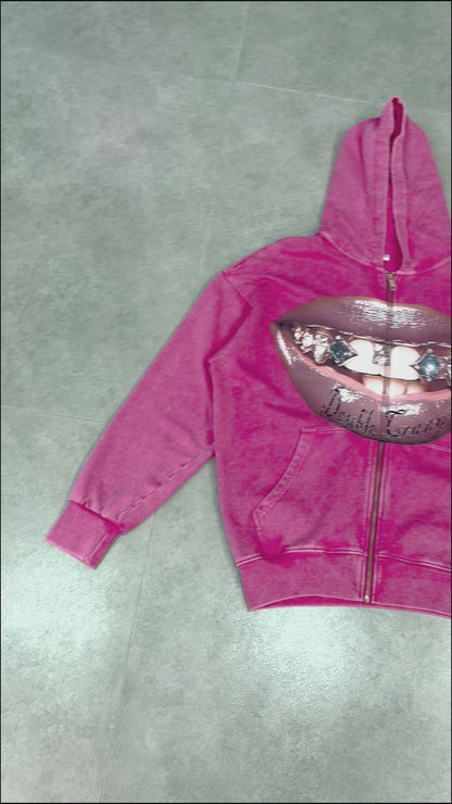 Bold Lip Graphic Pink Hoodie with Zipper - 029