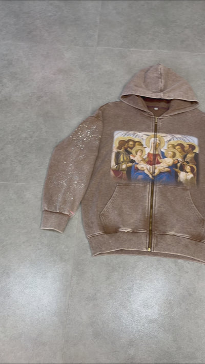 Sudadera con capucha y cremallera de icono religioso vintage-104