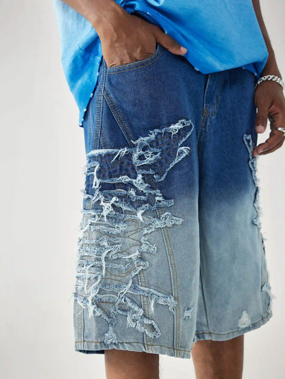 Gradient Ripped Denim Shorts-S1042